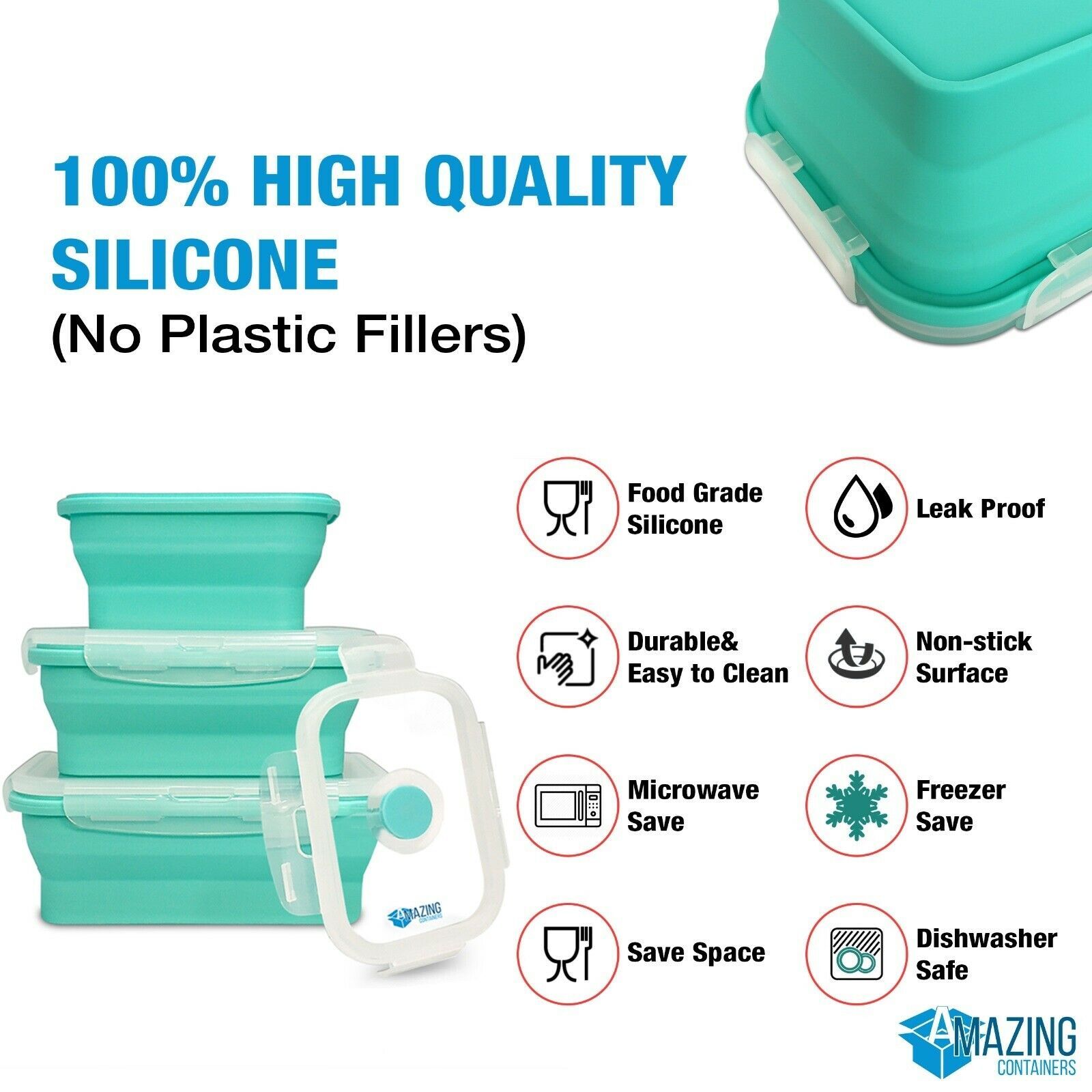 Collapsible Silicone Food Storage Containers Set of 3 w/ Airtight