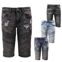 Men's Distressed Denim Faded Wash Slim Fit Moto Quilt Skinny Jean Shorts