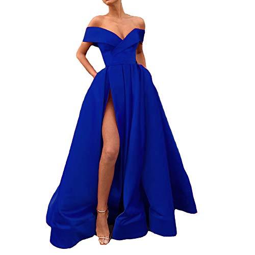 Kivary Plus Size Off The Shoulder Slit Ball Gown Prom Dress with Pocket Royal Bl