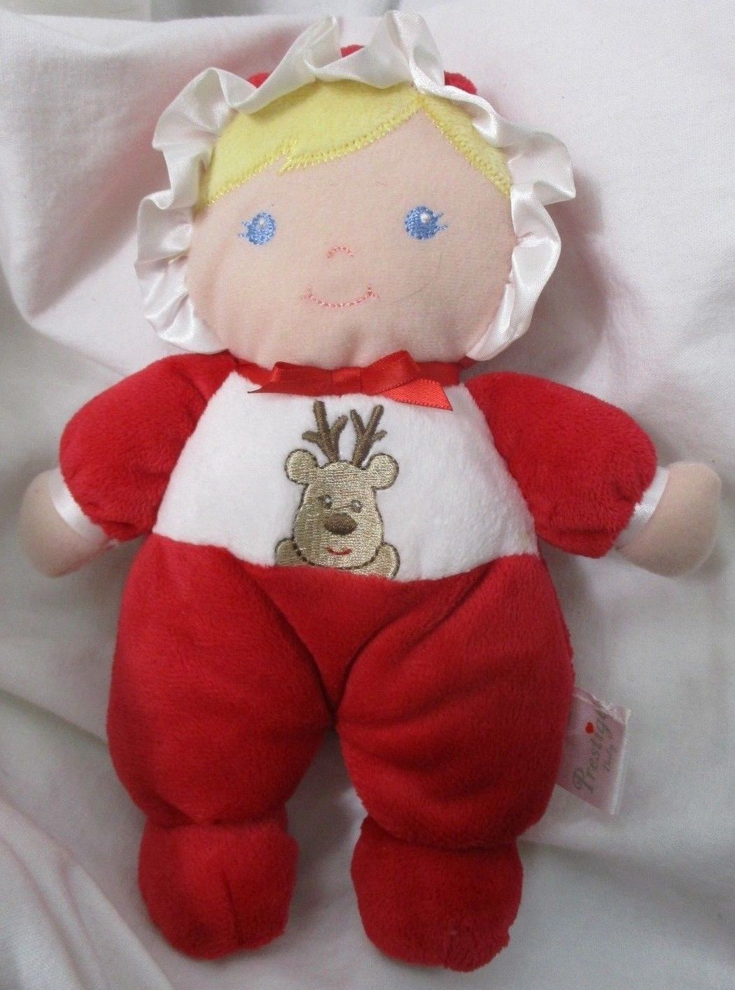 New NWT Prestige Merry Christmas Baby Doll Rattle Blonde Braids Hair Red Green 
