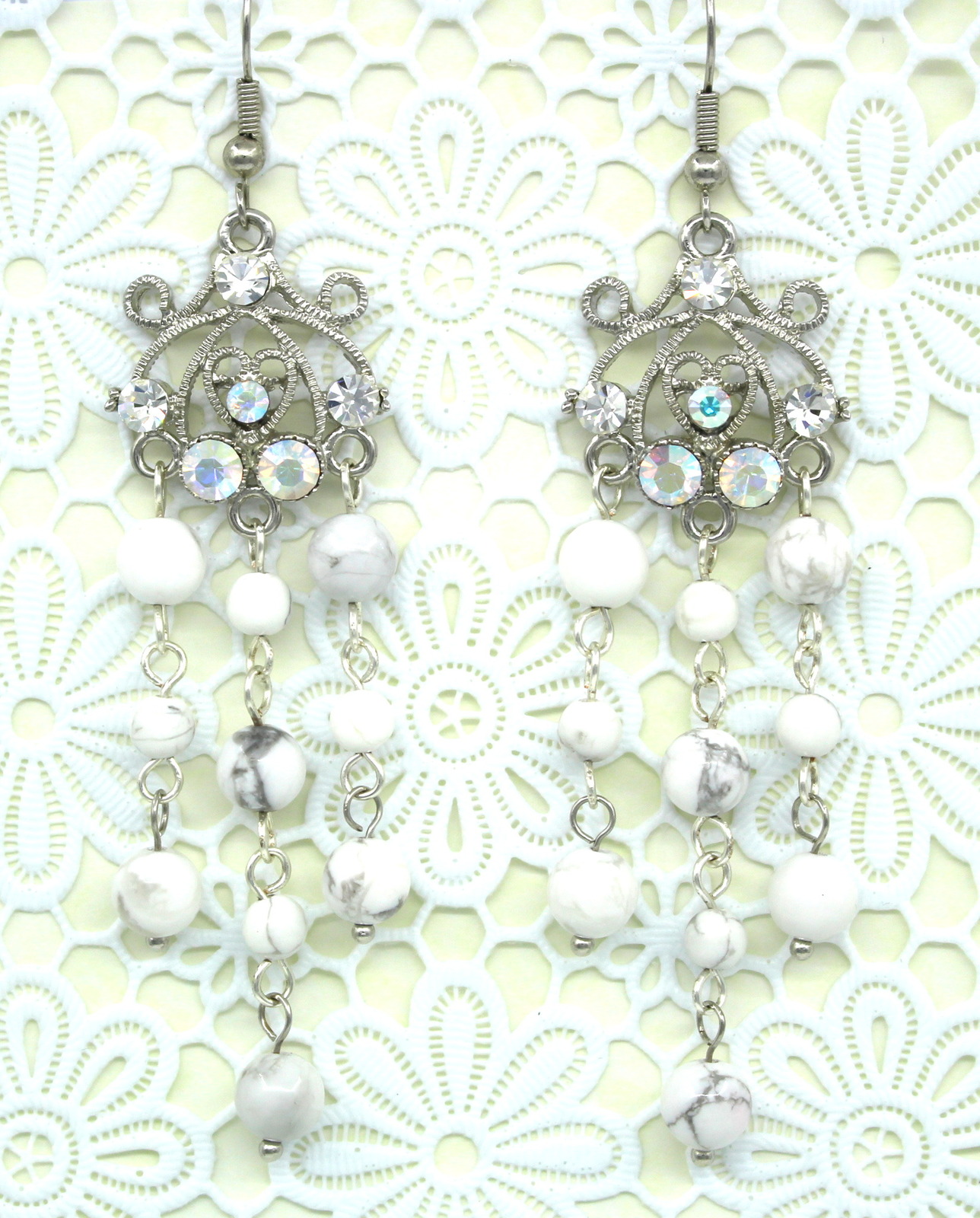 Beautiful Clear Swarovski Element Crystal Howlite Gemstone Chandelier Earrings - $9,999.00