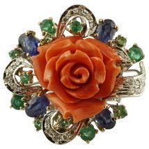 Handcrafted Ring Diamonds, Emeralds and Blue Sapphires, Coral, 14 Karat ... - $2,340.00