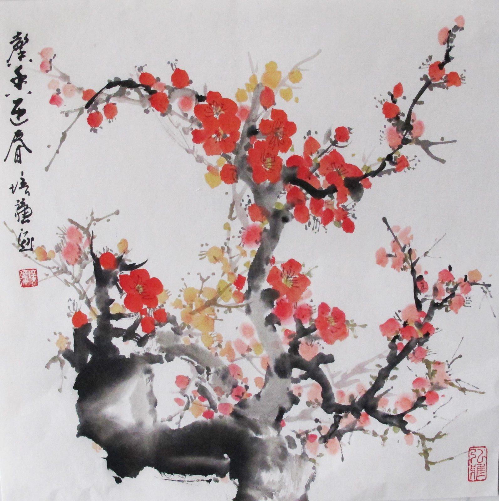 Spring Is Come Plum Flower traditional watercolor painting on rice ...