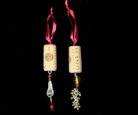 Primary image for Pair of Handcrafted Wine Cork Christmas Ornament with Maroon & Gold Beads