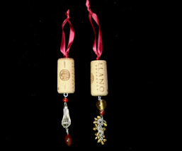 Pair of Handcrafted Wine Cork Christmas Ornament with Maroon & Gold Beads - $14.98