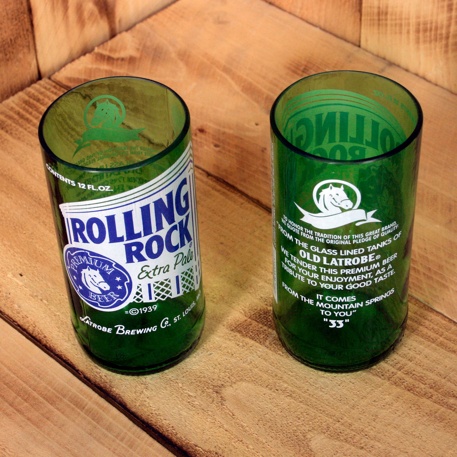 Rolling Rock 8 ounce novelty glasses made from beer bottles Glassware