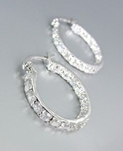 Classic 18kt White Gold Plated Outside Inside Cz Crystals Petite Hoop Earrings - $21.99
