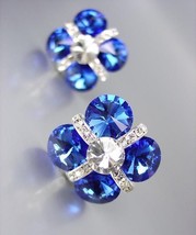 GLITZY Sapphire Blue Czech Crystals Bridal Prom Pageant Queen CLIP Earrings - $24.44