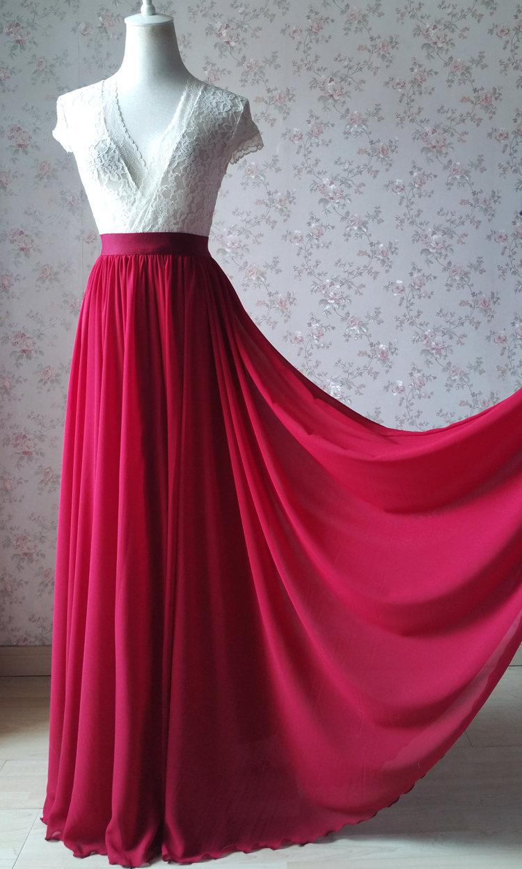 RED Bridesmaid Chiffon Maxi Skirt Plus Size Red Full Long Chiffon Wedding Skirt