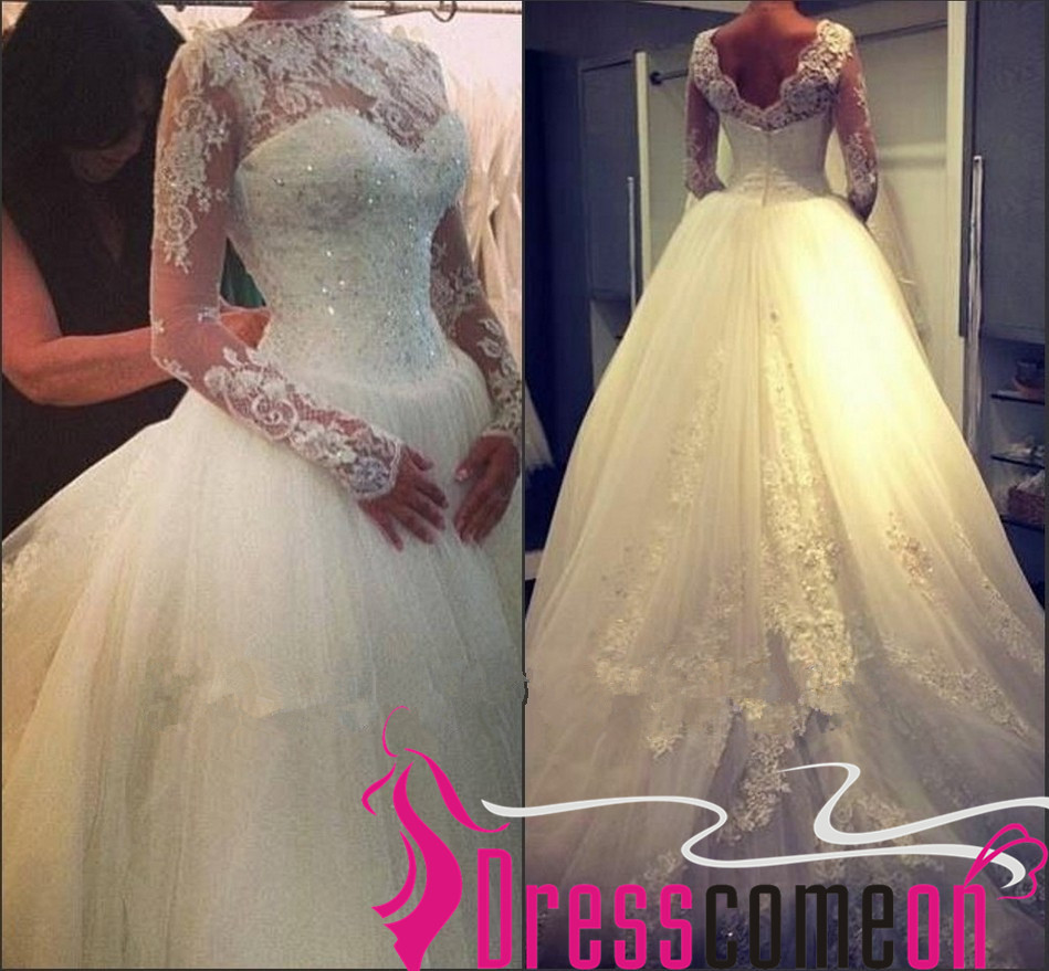 Elegant Ball Gown White Long Wedding Dresses With Sleeves Lace &Tulle ...