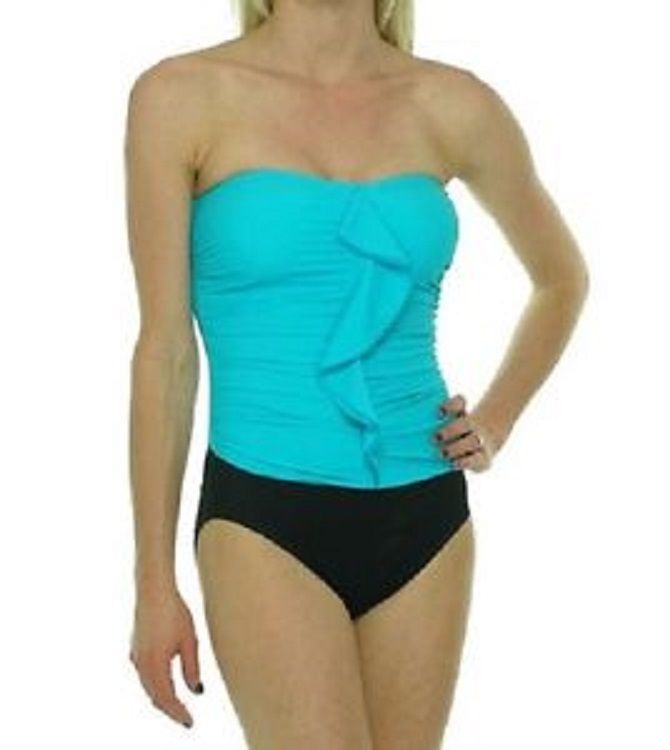 Image of Tropical Honey One Piece Swimsuit Sz  Aqua Blue Black Ruffled Halter Bathing