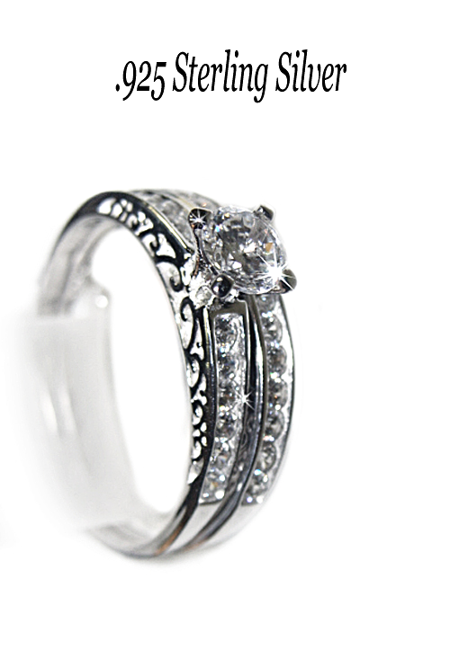 NonTarnishing CZ Sterling Silver 2Pc Bridal Ring Set, Filigree