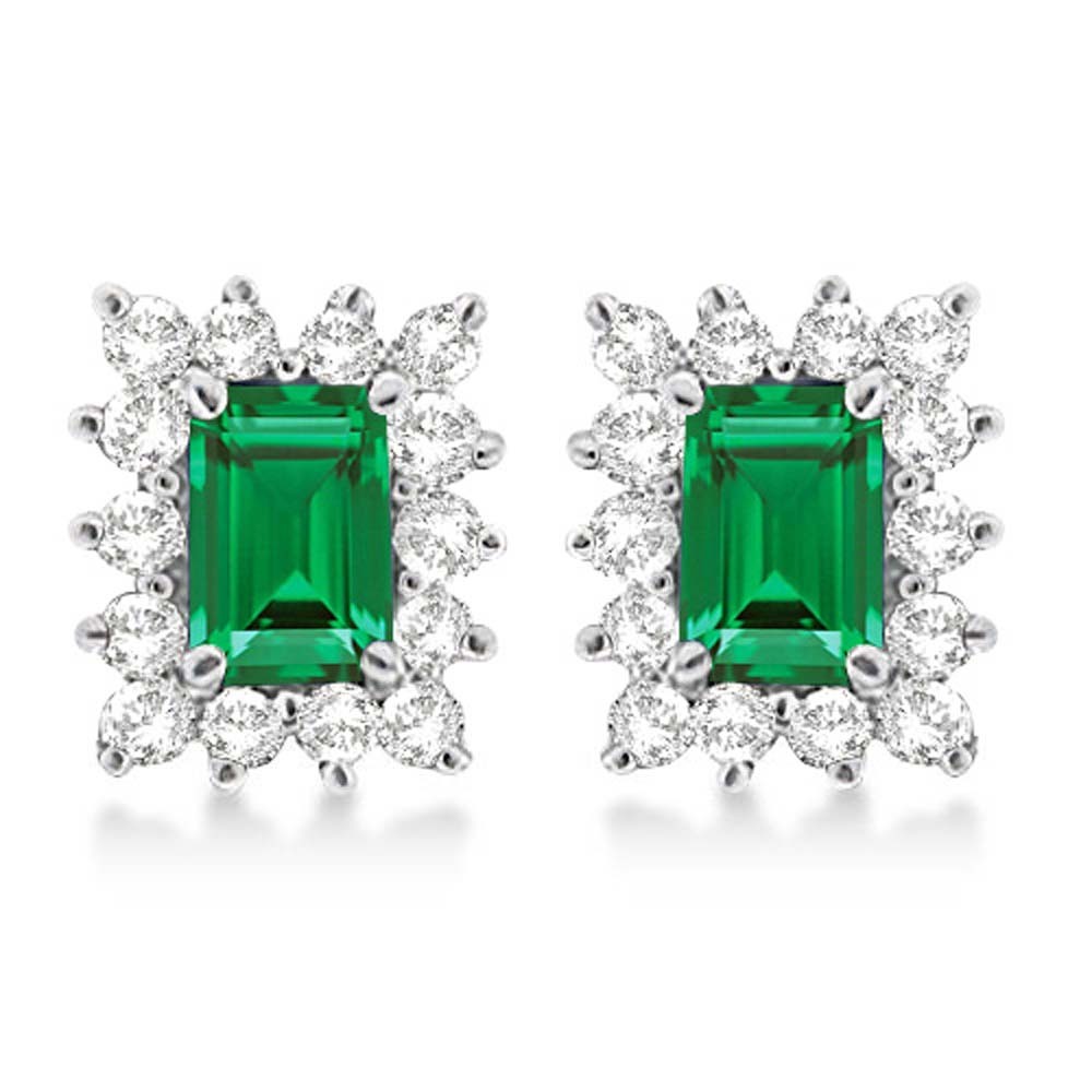 Ladies 1/5 Ct Emerald-Cut Emerald & Diamond Stud Earrings 14k White ...