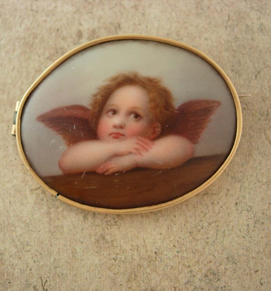 Antique 14kt GOLD 1880s Brooch Raphael Angel Cupid cherub handpainted ...