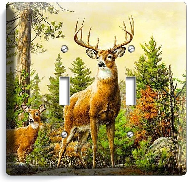 WHITETAIL WILD DEER BUCK ANTLERS DOUBLE LIGHT SWITCH WALL PLATE COVER HOME DECOR