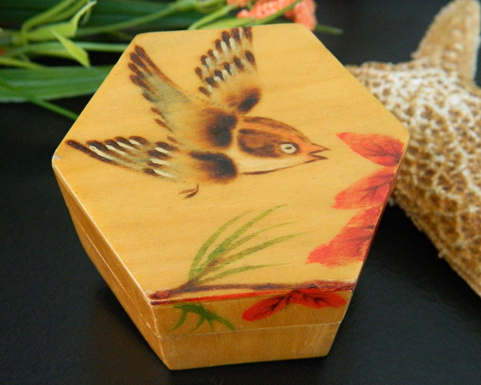 Vintage Chinese Wood Jewelry Trinket Box Bird Sparrow Wren Hexagon