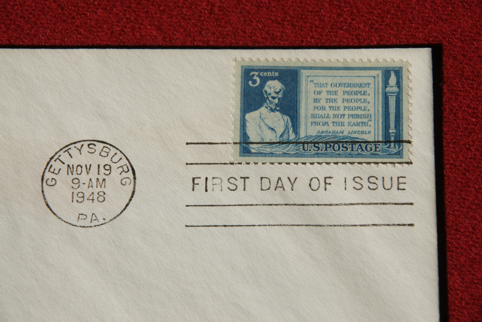 US 3 Cent Postage Stamp - First Day of Issue; Lincoln's Gettysburg ...