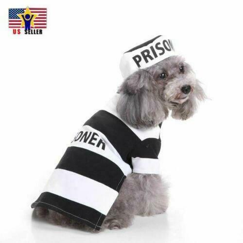 Pet Dog Pooch Prison Coat Hat Suit Clothes Dress Set Cosplay Costume US Size- M