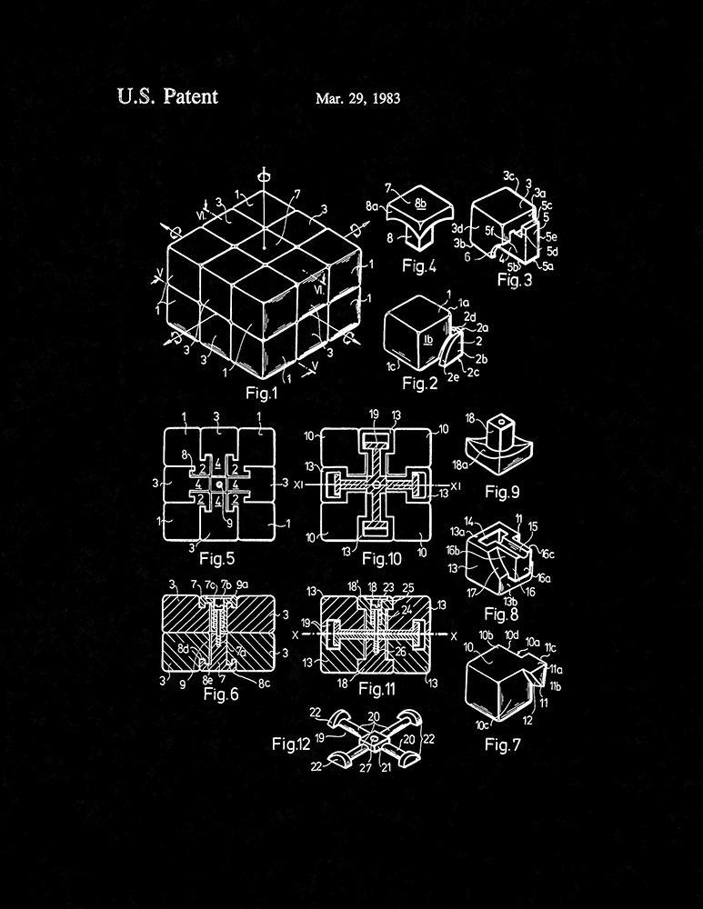 Rubik Cube Toy Patent Print - Black Matte