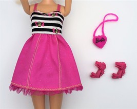 Mattel Barbie 2014 Fashion Dress Pink Skirt With Stiped Top, Shoes & Purse - $11.88