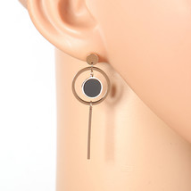 Rose Tone Drop Earrings, Jet Black Faux Onyx Circle & Dangling Bar - $26.99
