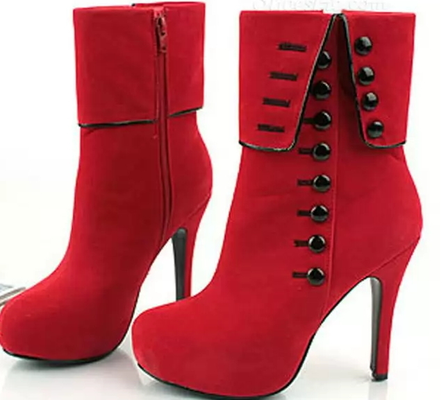 Red Platform Ankle Boots With Button - Ladies Shoes - Boots