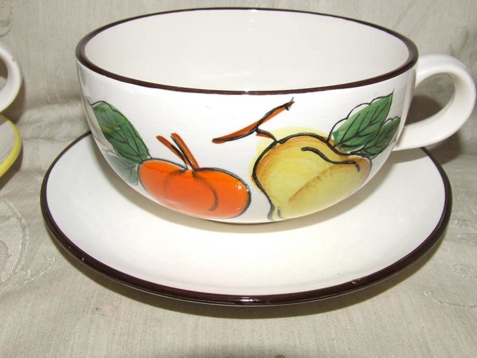 Vintage 1960s Pair Large Soup Cups Mugs and Saucers JAPAN Hand Painted