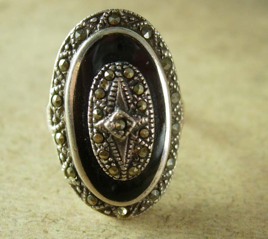 Antique Victorian Ring Sterling marcasite Black onyx Mourning jewelry ...