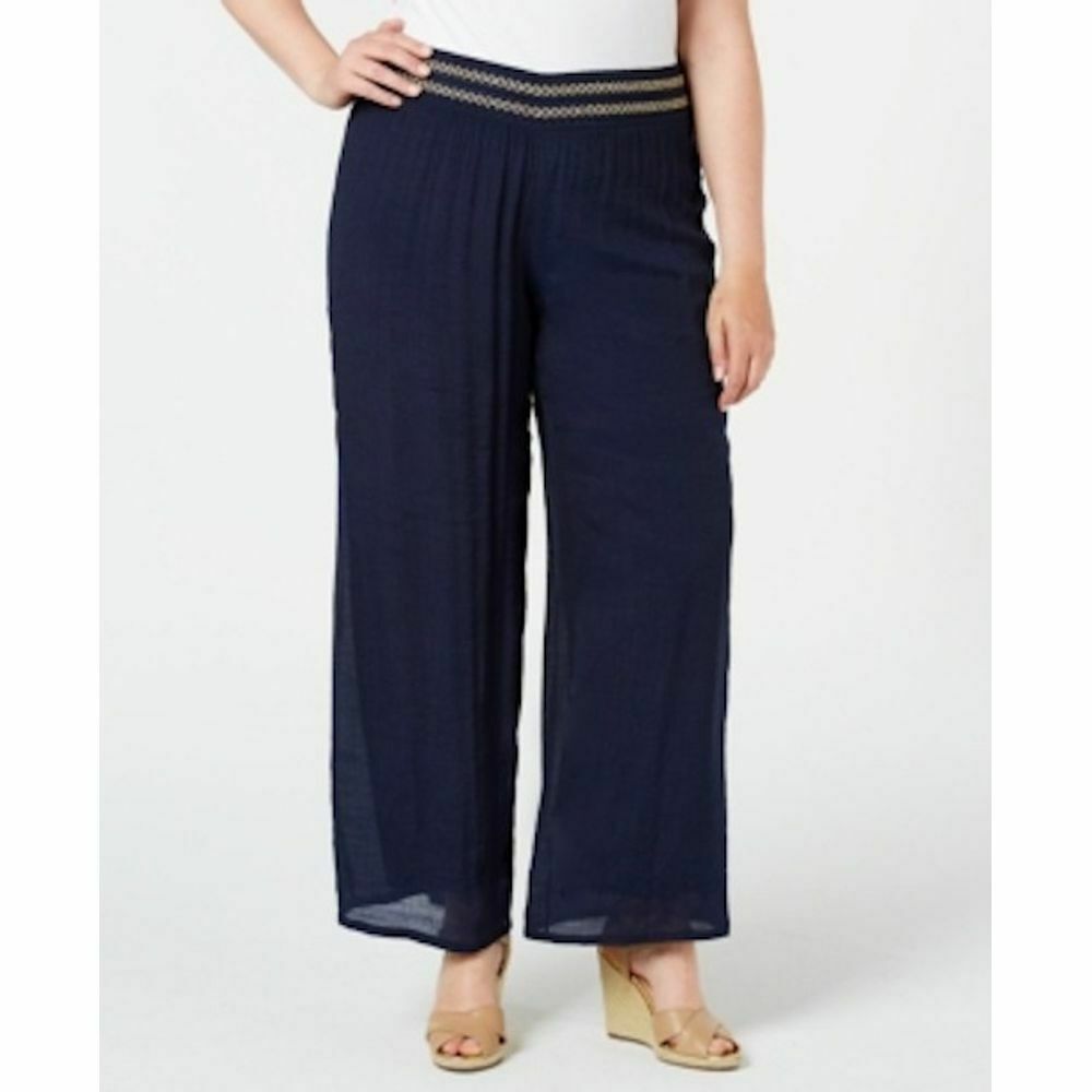 Jm Collection 3x Pants Womens Blue Lined Gauze Pull On Plus Size Wide Leg Pants 0576