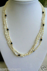 14K GOLD GENUINE WHITE PEARL 0NYX 3 STRAND NECKLACE - Fine Jewelry