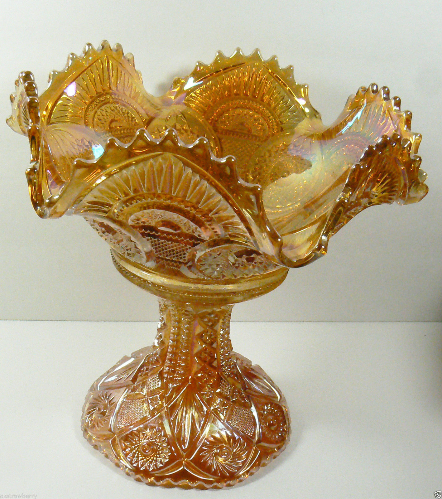 Vintage Marigold Iridescent Inmerial Carnival Glass Ruffled Bowl W Stand Footed Pottery And Glass