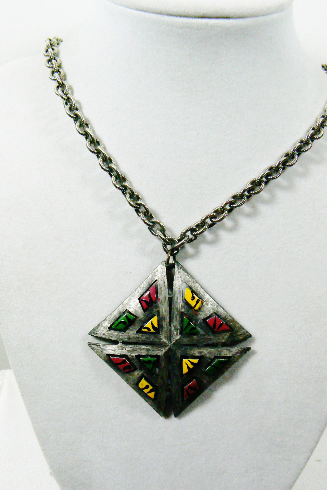 Vintage Pewter metal Enamel Color pendant chain necklace 22"L