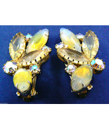 Vintage Floral Yellow Aurora Borealis color crystal Rhinestones clips earrings - $47.96