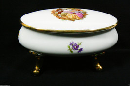 Large 5.5&quot; Limoges France Porcelain gold footed trinket box Romantic sce... - $107.10