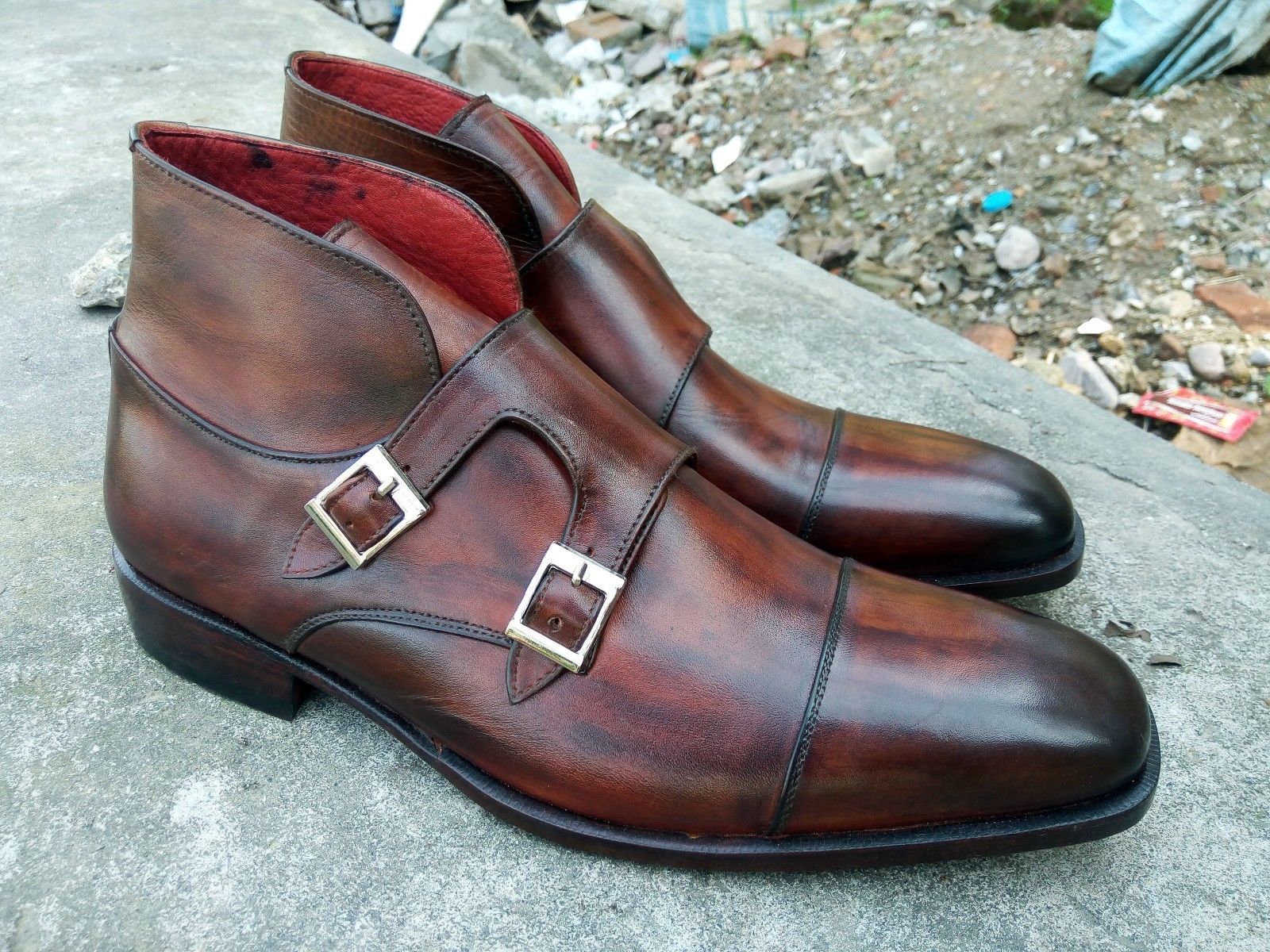 New Handmade Men Double Monk Brown Leather Boots, Formal Cap toe Dress ...