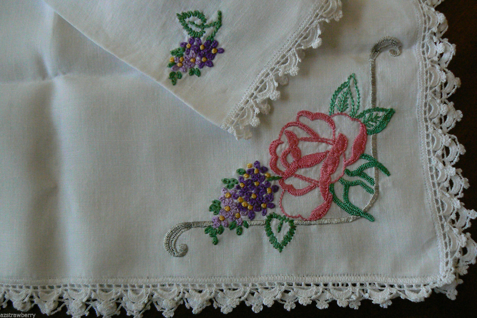 VTG White Cotton linen Table runner Floral  Embroidery Cutout Floral 19" x 43" - $45.00