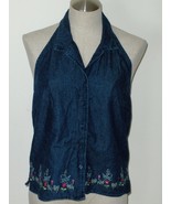 Womens Blue Jean Halter Top Size Small to Medium Embellished Flowers - $14.99