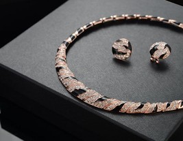 Elegant Rose Gold Clear Leopard Print Enamel Crystal Rhineston Earrings Necklace - $49.99