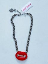 Betsey Johnson Hematite Red Enamel Vampire Lips with Fangs Pendant Necklace - $79.97