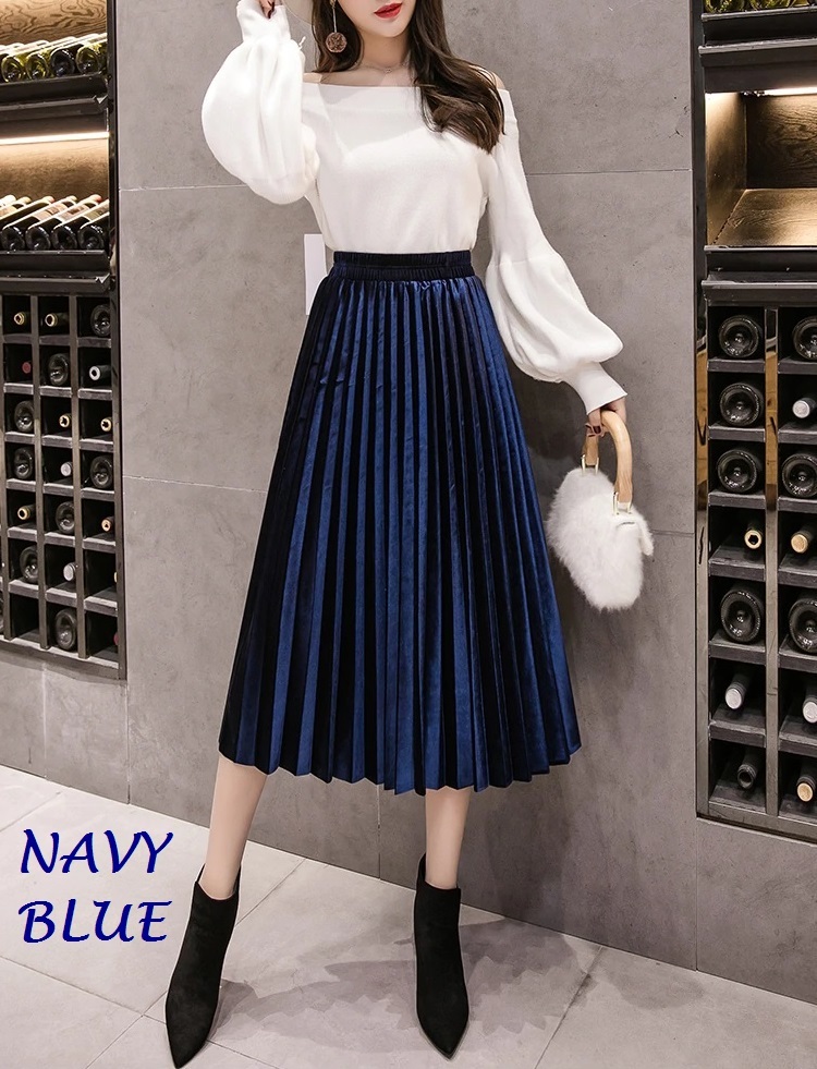 New navy blue pleated velvet high waist midi length women skirt metallic autumn