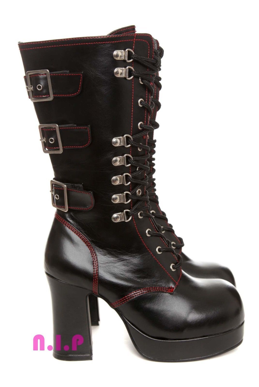 Demonia Strap Buckle Lace Up Black Red 