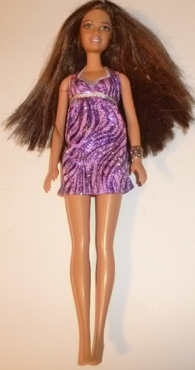BARBIE Doll brown hair belly button body dressed purple glitter dress ...