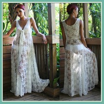 White Long Sleeveless Bohemian V Neck Floral Lace Casual Beach Dress Lounger image 1
