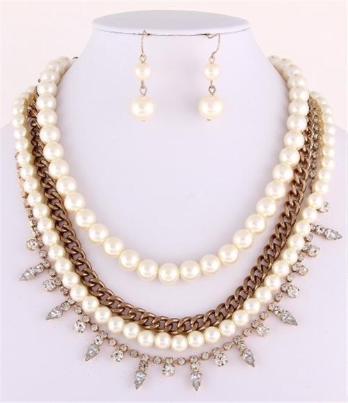 Primary image for Stunning layered ivory pearl gold clear crystal necklace set bride prom jewelry