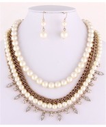 Stunning layered ivory pearl gold clear crystal necklace set bride prom ... - $24.74