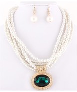 White pearl layered necklace set Green crysral pendant prom mother of th... - $10.99
