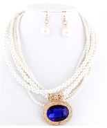 White pearl layered necklace set blue crysral pendant bridal evening jew... - $15.99