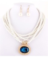 White pearl layered necklace set teal blue crysral pendant mother of the... - $15.99