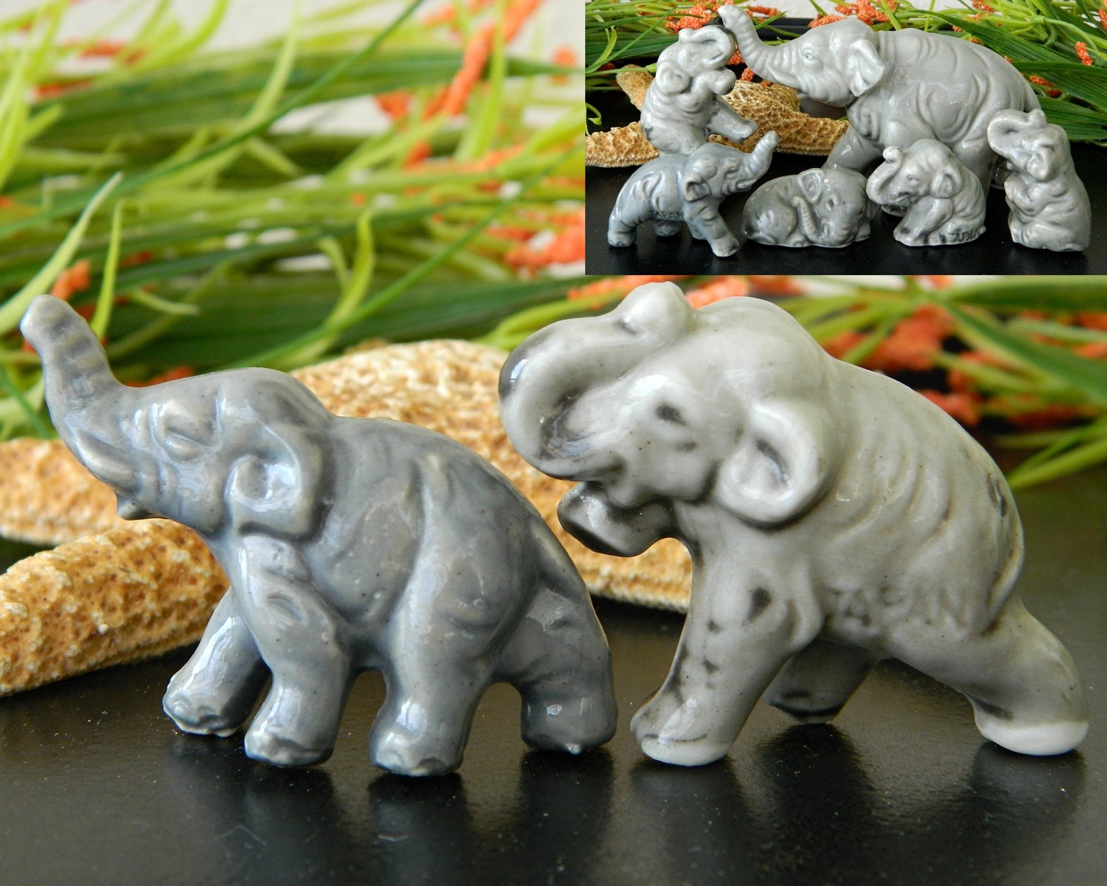 Vintage 6 Elephant Figurines Family Miniature Japan Gray Porcelain