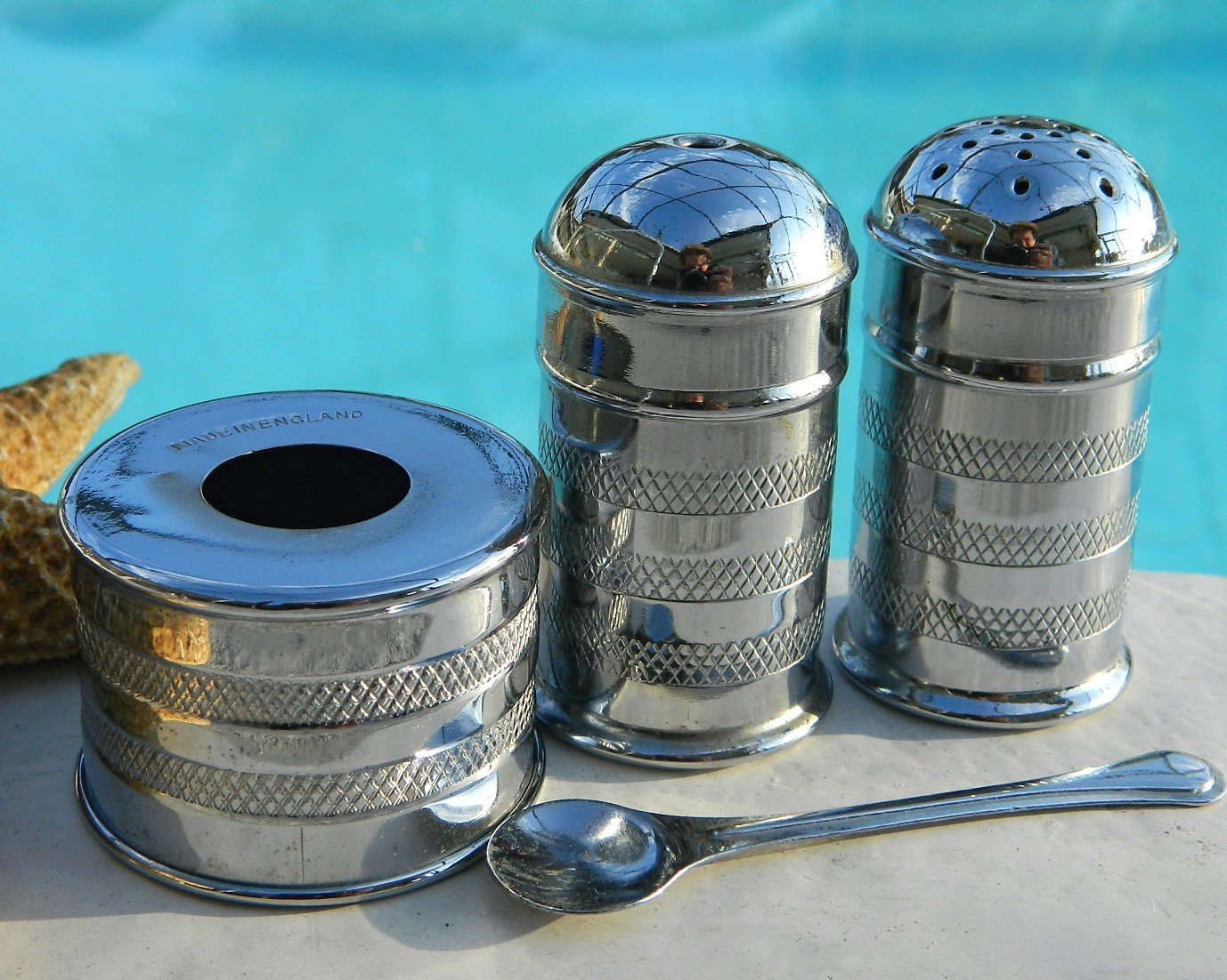 Vintage Salt Pepper Shakers Mustard Pot Spoon Set Silver Tone England